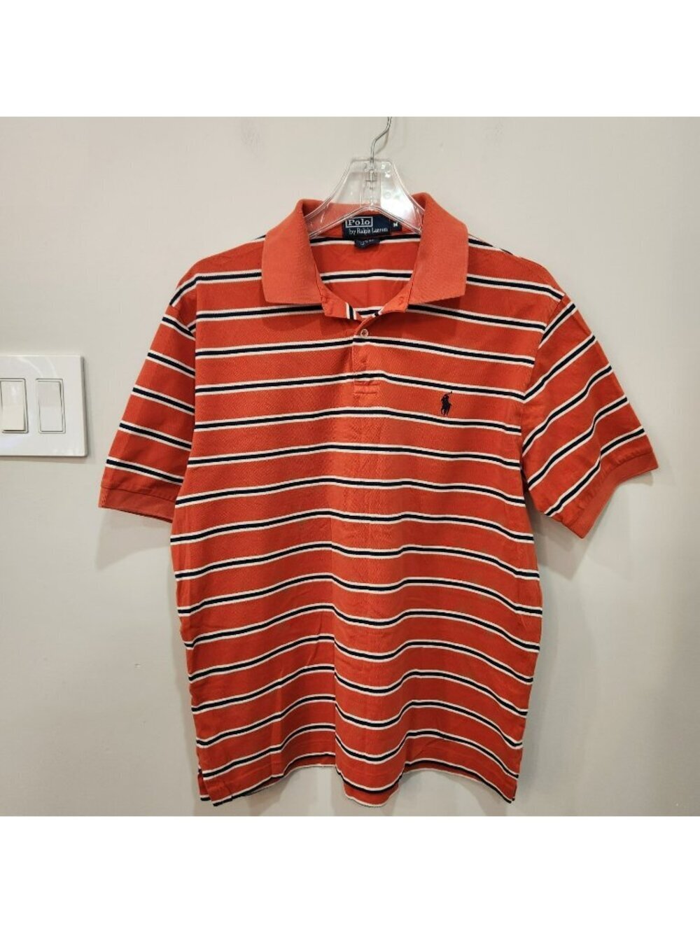 Vintage Polo Ralph Lauren Polo Shirt Pima Cotton Mesh Orange Stripes Mens Medium